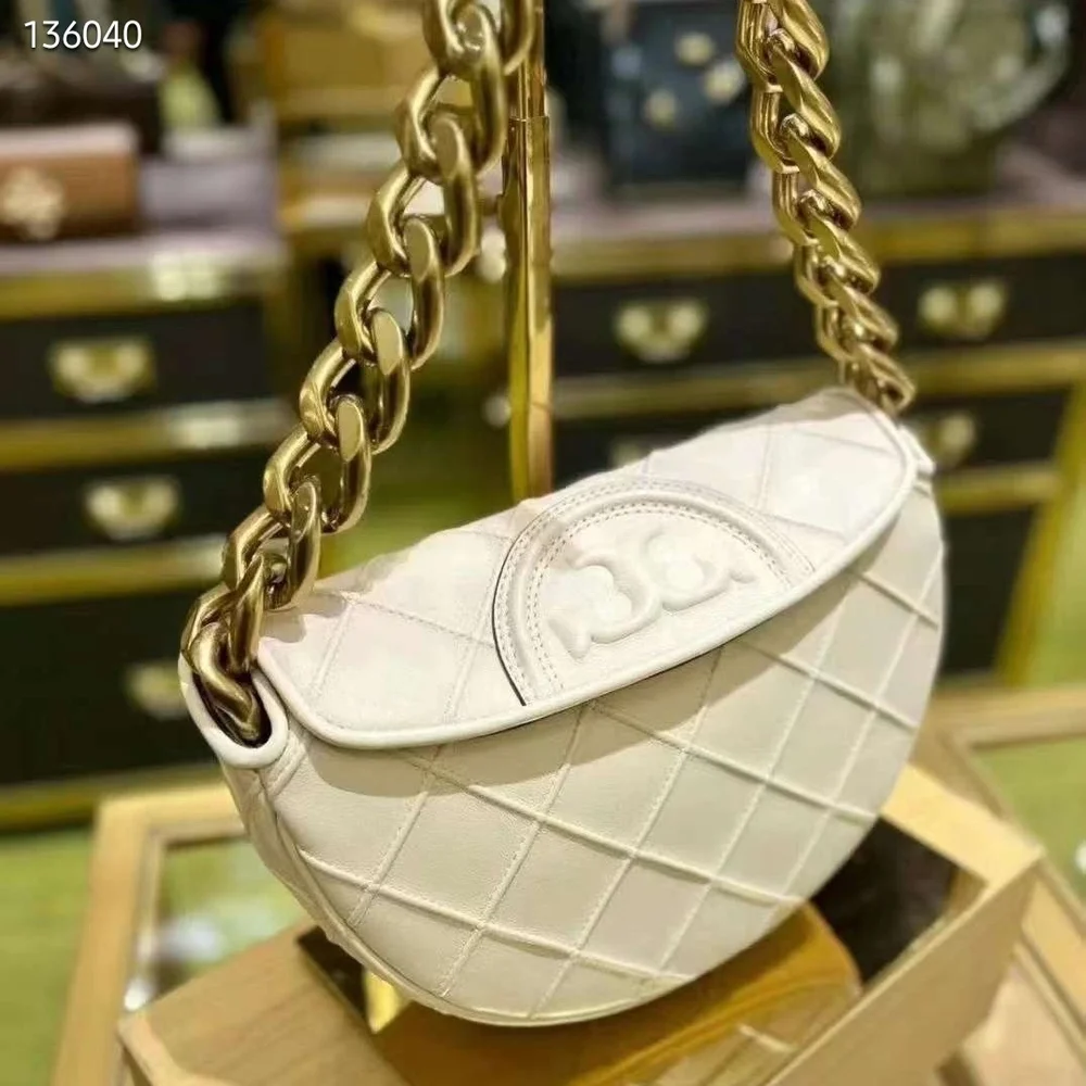 Tory Burch Fleming Half Moon Cream Quilted Shoulder Bag - Picture 4 of 9